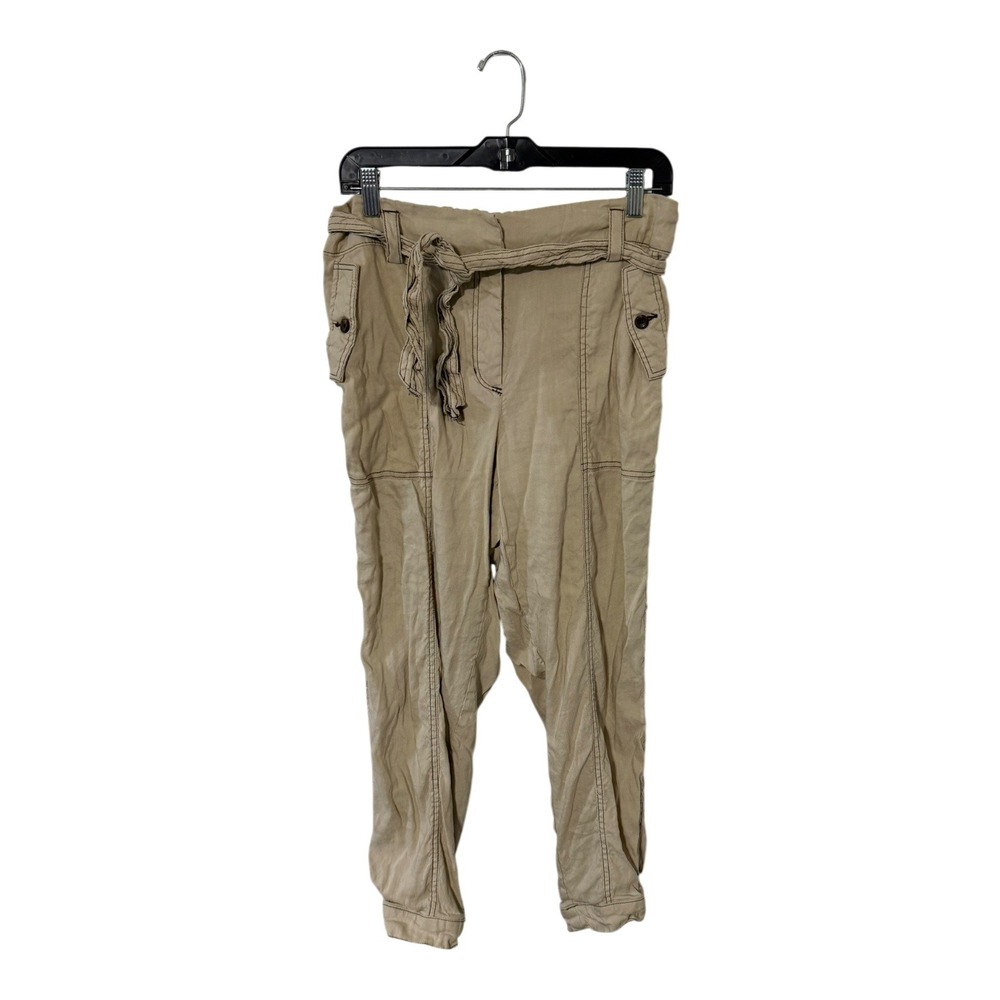 Calvin Klein Women Khaki Tan Linen Blend Cargo Pants Tie Waist Utility Size M